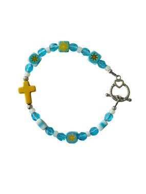 ARTISAN Cross bracelet Blue Yellow White Floral Glass beads Toggle clasp